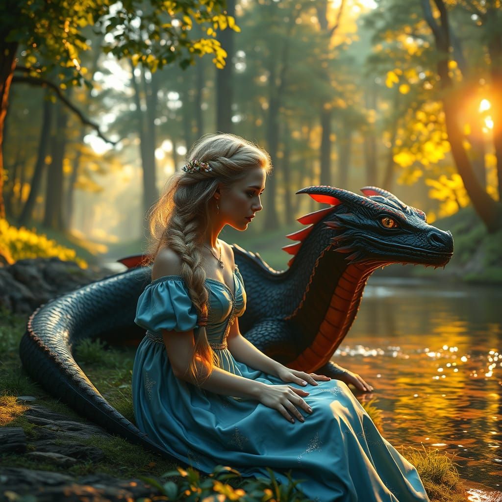 A Serene Medieval Princess Surrounded by a Majestic Dragon i...
