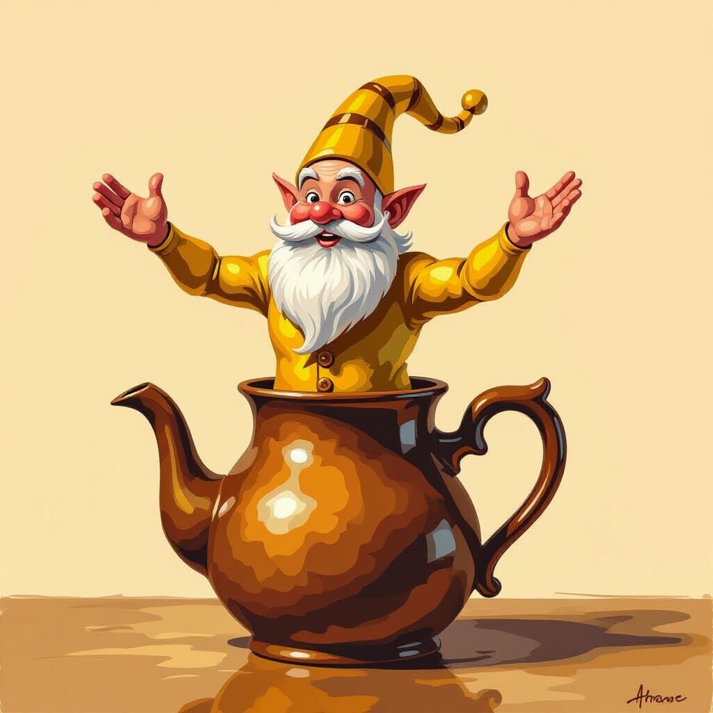 Bronze Genie Emerging From Coffee Pot in Impasto Style