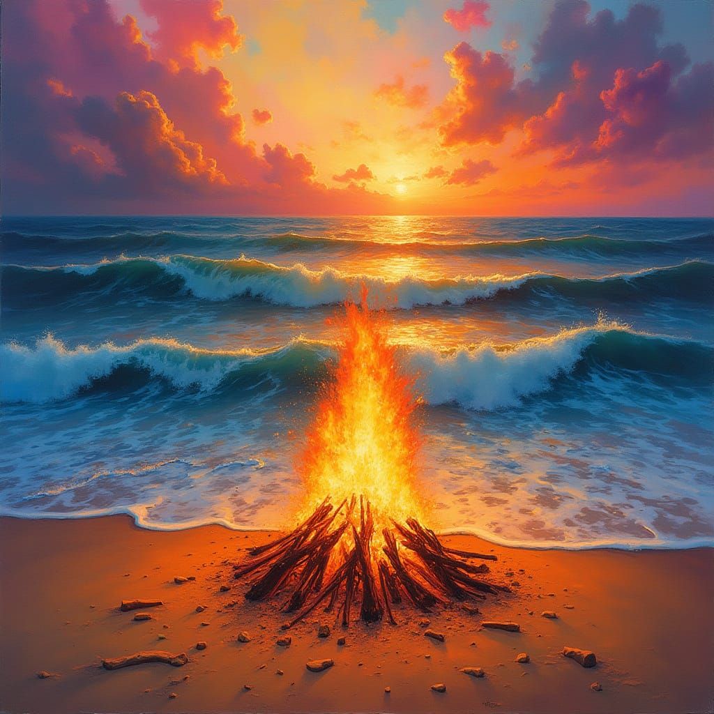 Colorful Bonfire on Beach in Modern Art Style