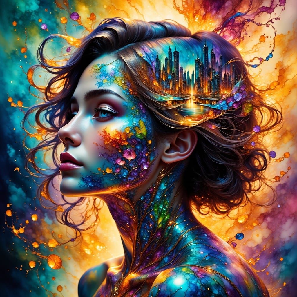 Transparent Skin Portrait Reveals City Inside