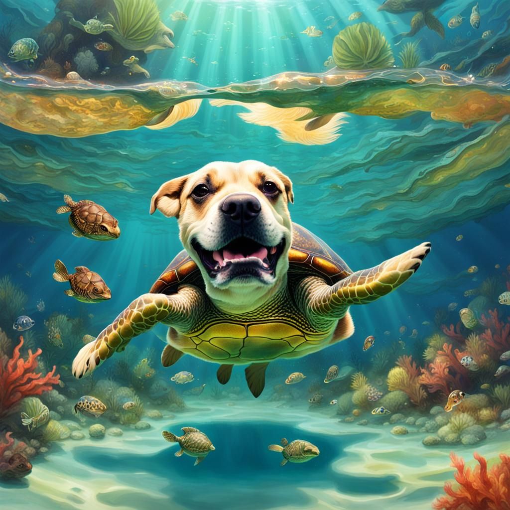 Dog Swimming with Turtle in Sparkly Water