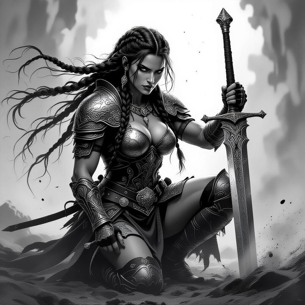 Epic Fantasy Warrior Woman Kneeling with Sword in Ink Illust...