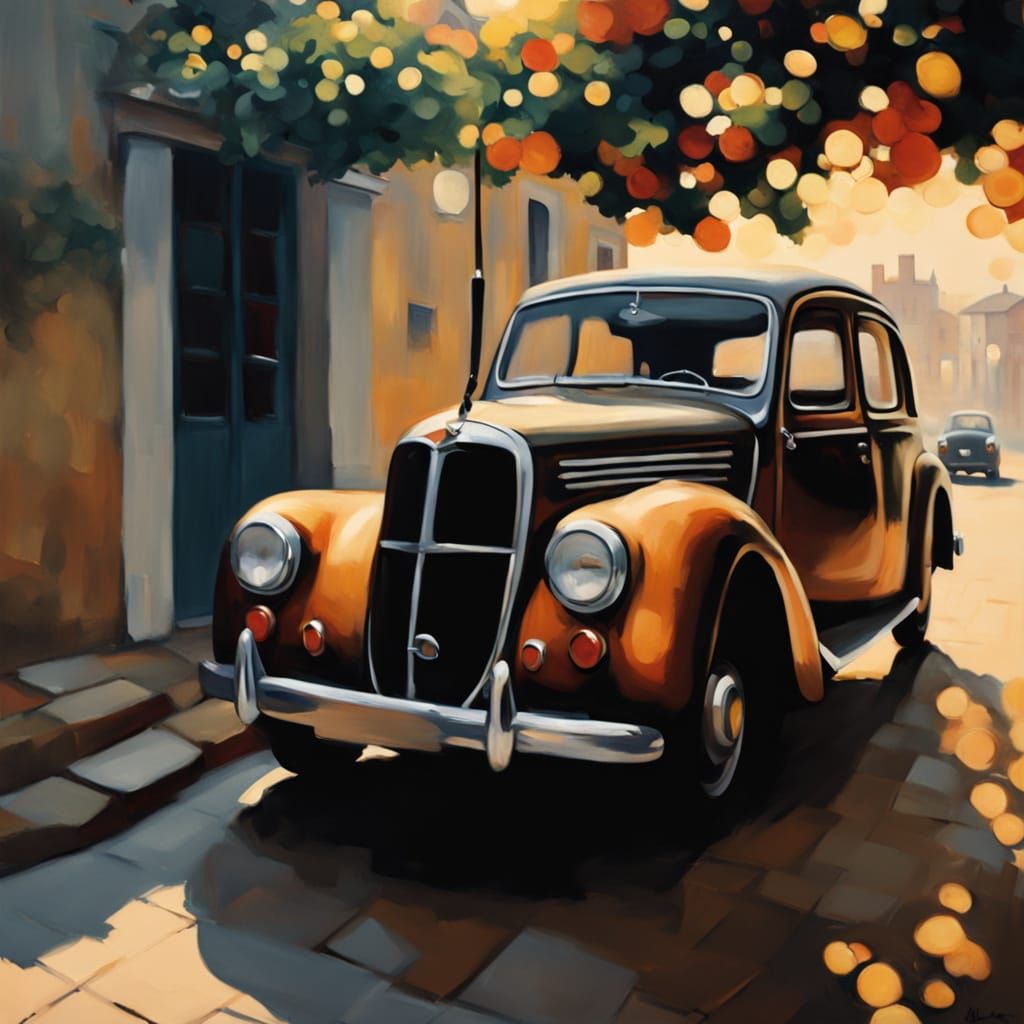 Vintage Car in Idyllic Village Square