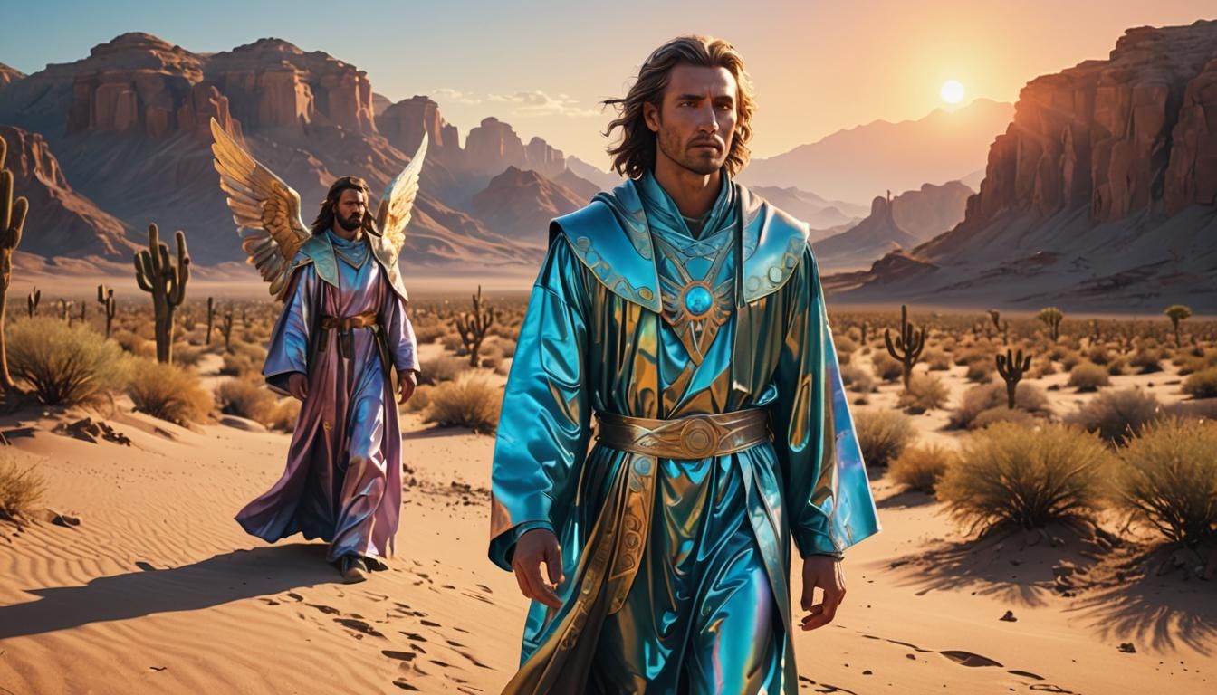 Prophet and Angel in Desert Sunrise, Digital 3D Art