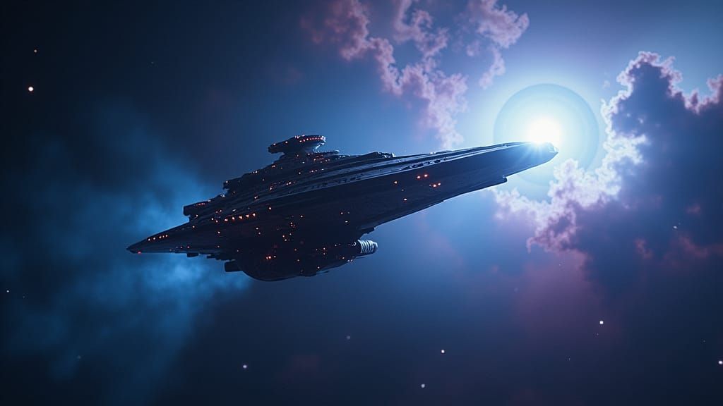 Spaceship Orbits Nebula: Cinematic Film Still