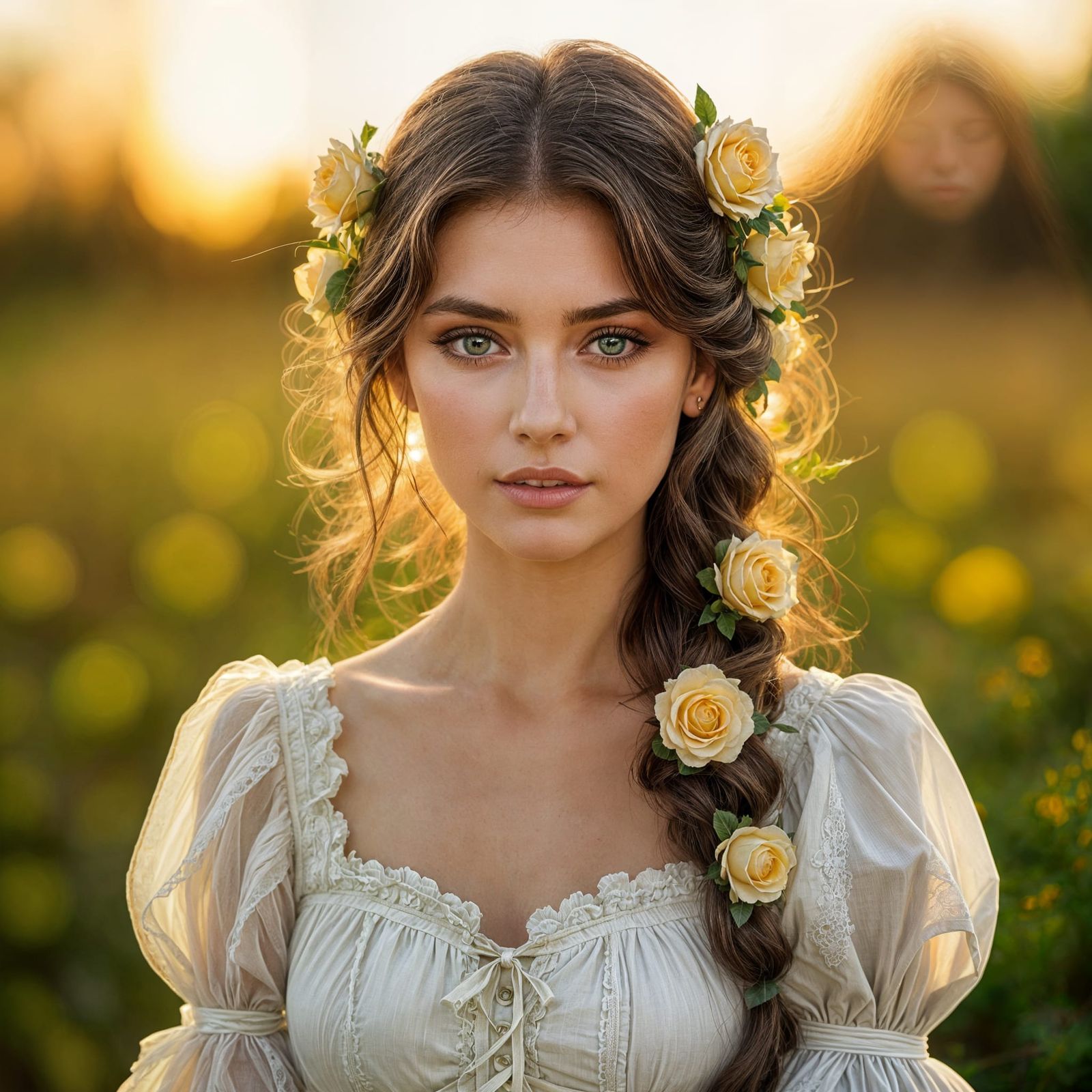 Victorian Model with Roses in Hair, Sunrise Lighting