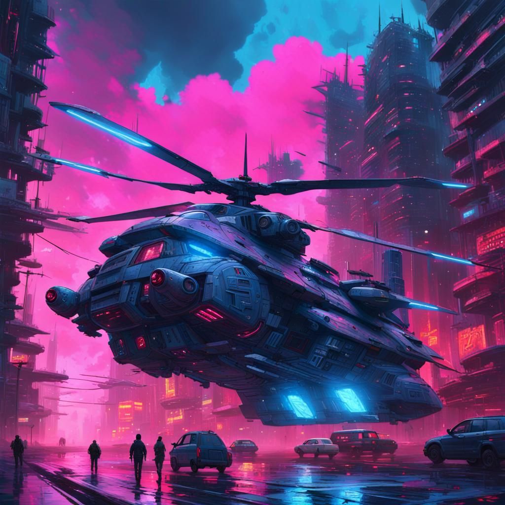 Futuristic Gunship Emerges in Neon Cyberpunk Cityscape