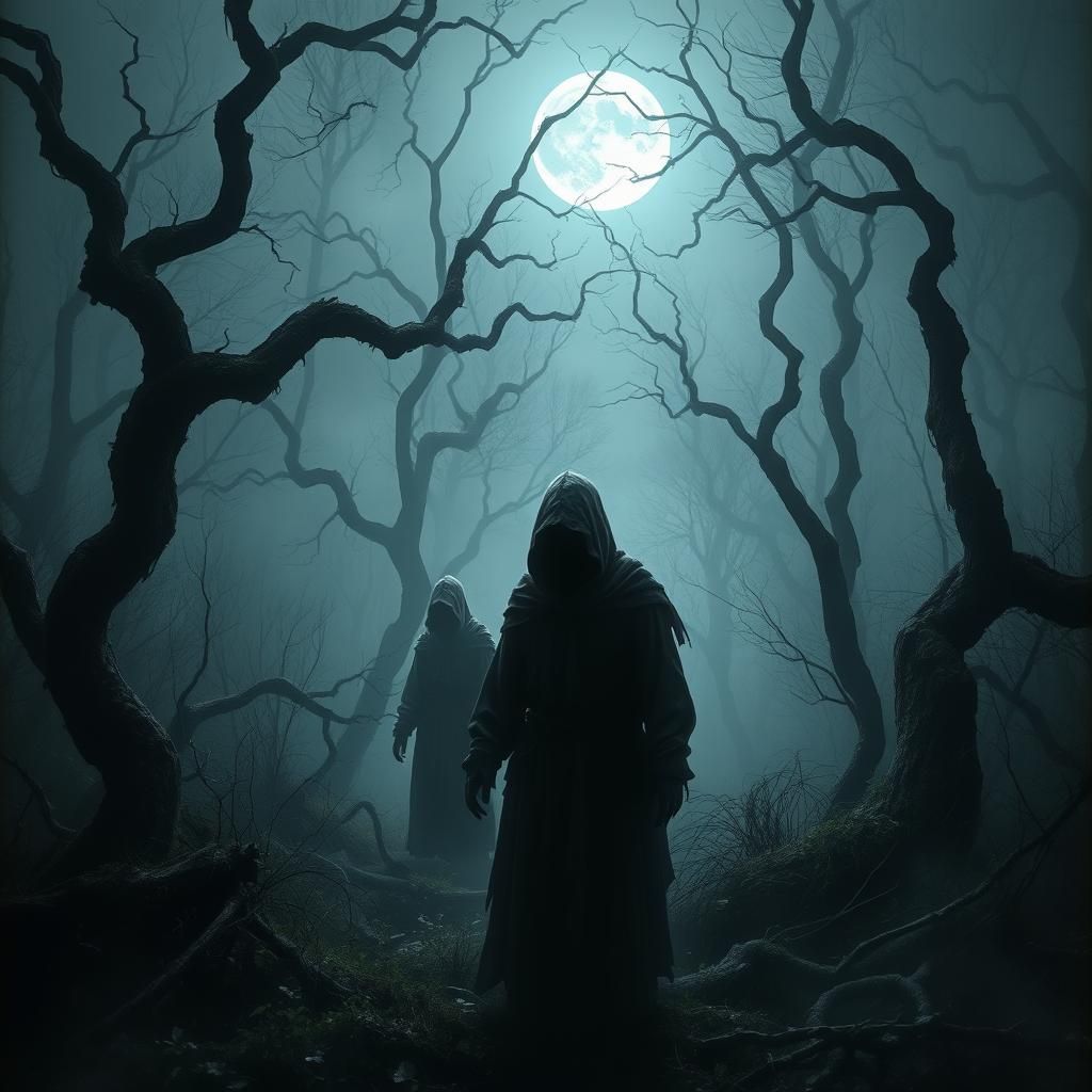 Eerie Hooded Figures in Dark Surrealist Forest