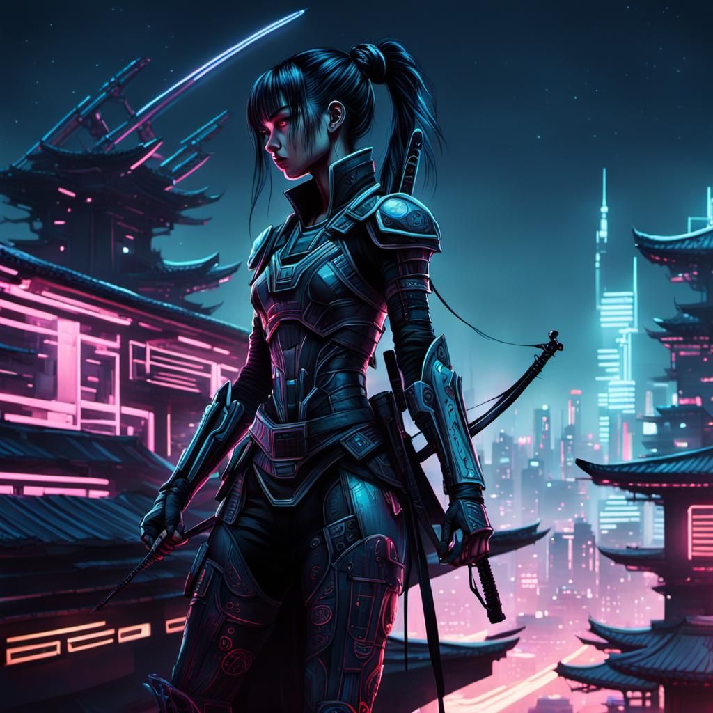 Cyberpunk Samurai with Bow in Neon Noir Cityscape