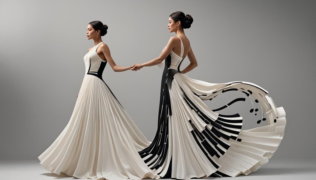 Elegant Woman in Profile with Piano Key Gown