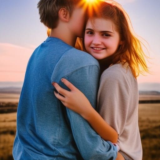Teenage Sweethearts Embrace in Sunset Glow