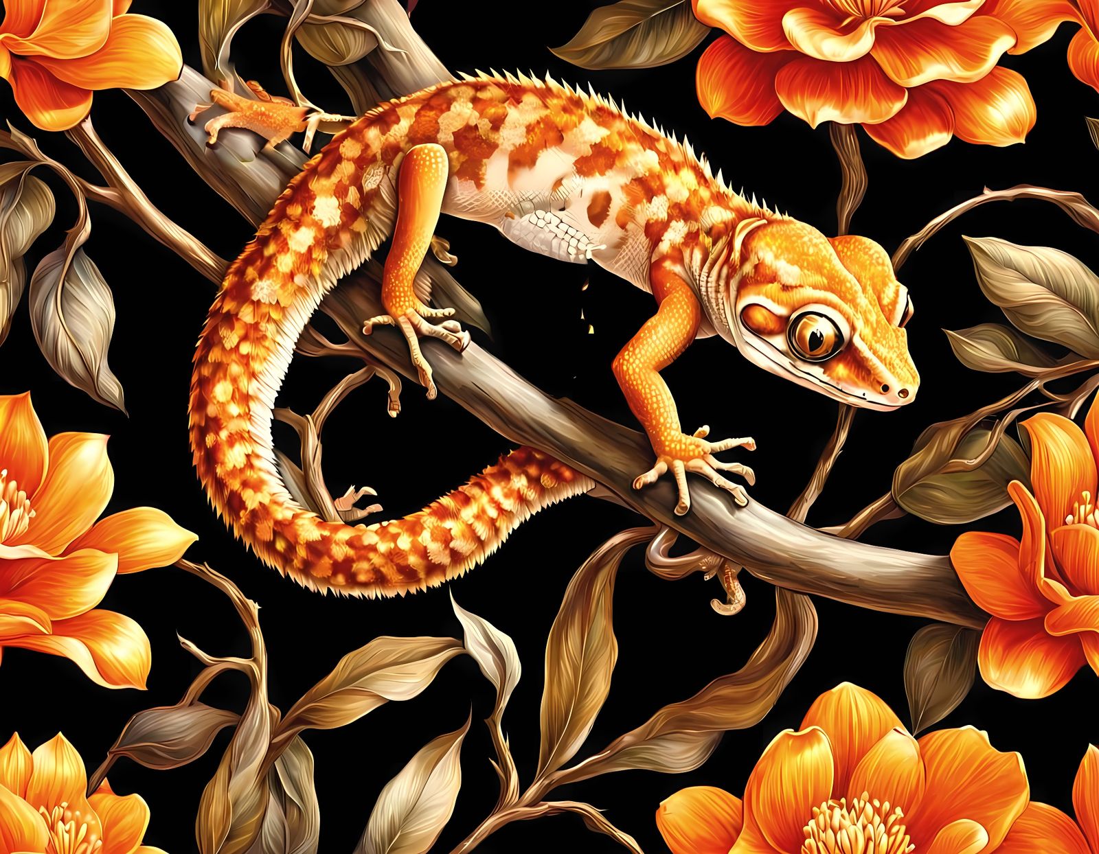 Baroque Gecko with Exotic Flora in Color Pencil Sketch