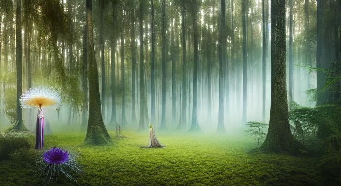 Woman Reflecting in Warped Forest, Watercolor Style