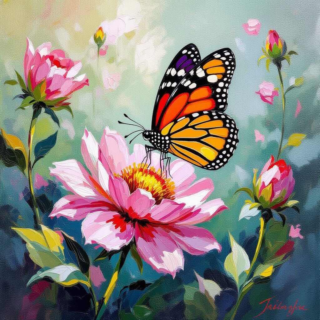 Vibrant Butterfly in Flight over Pink Flower, Neo-Impression...