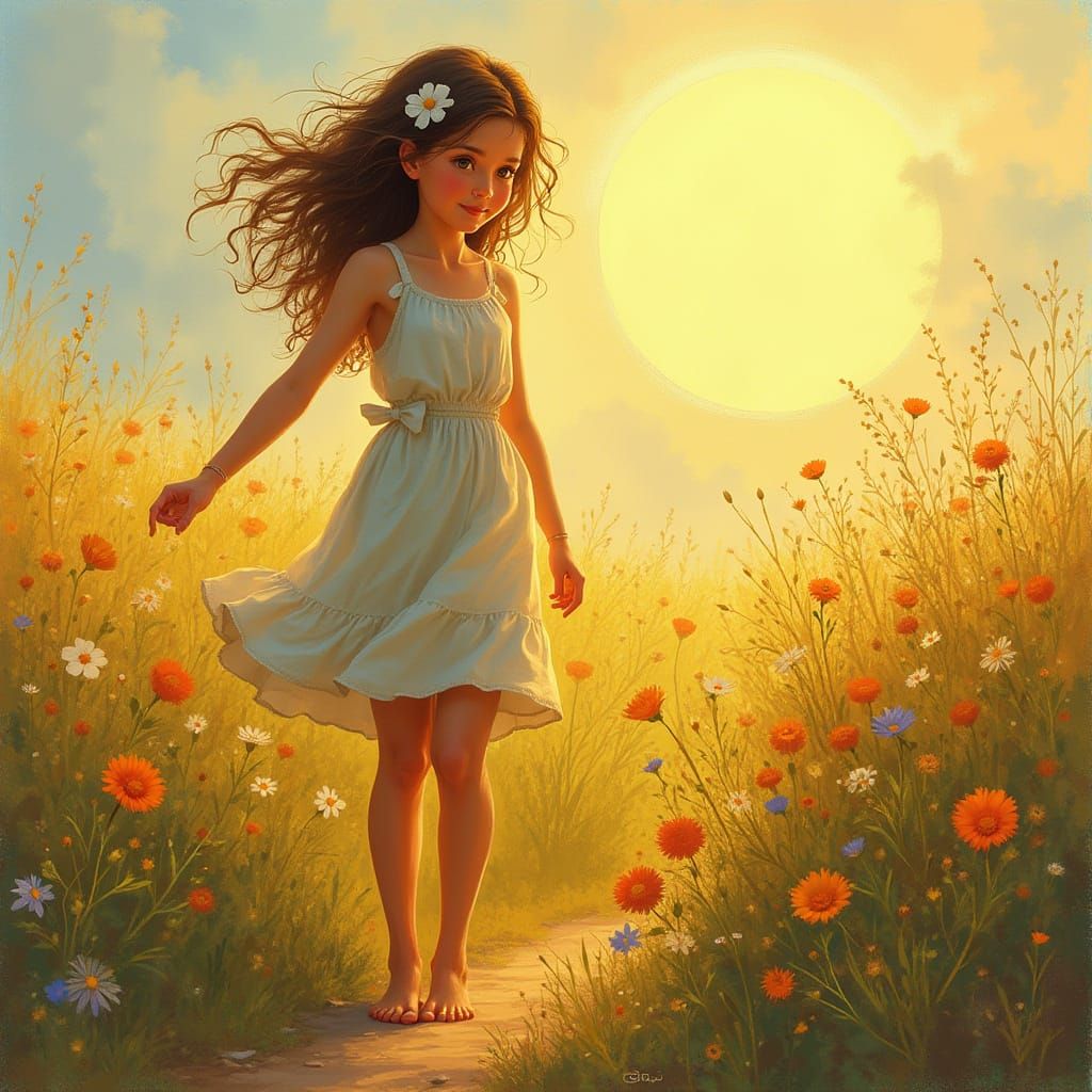 Whimsical Realism of a Barefoot Girl in a Sunlit Landscape