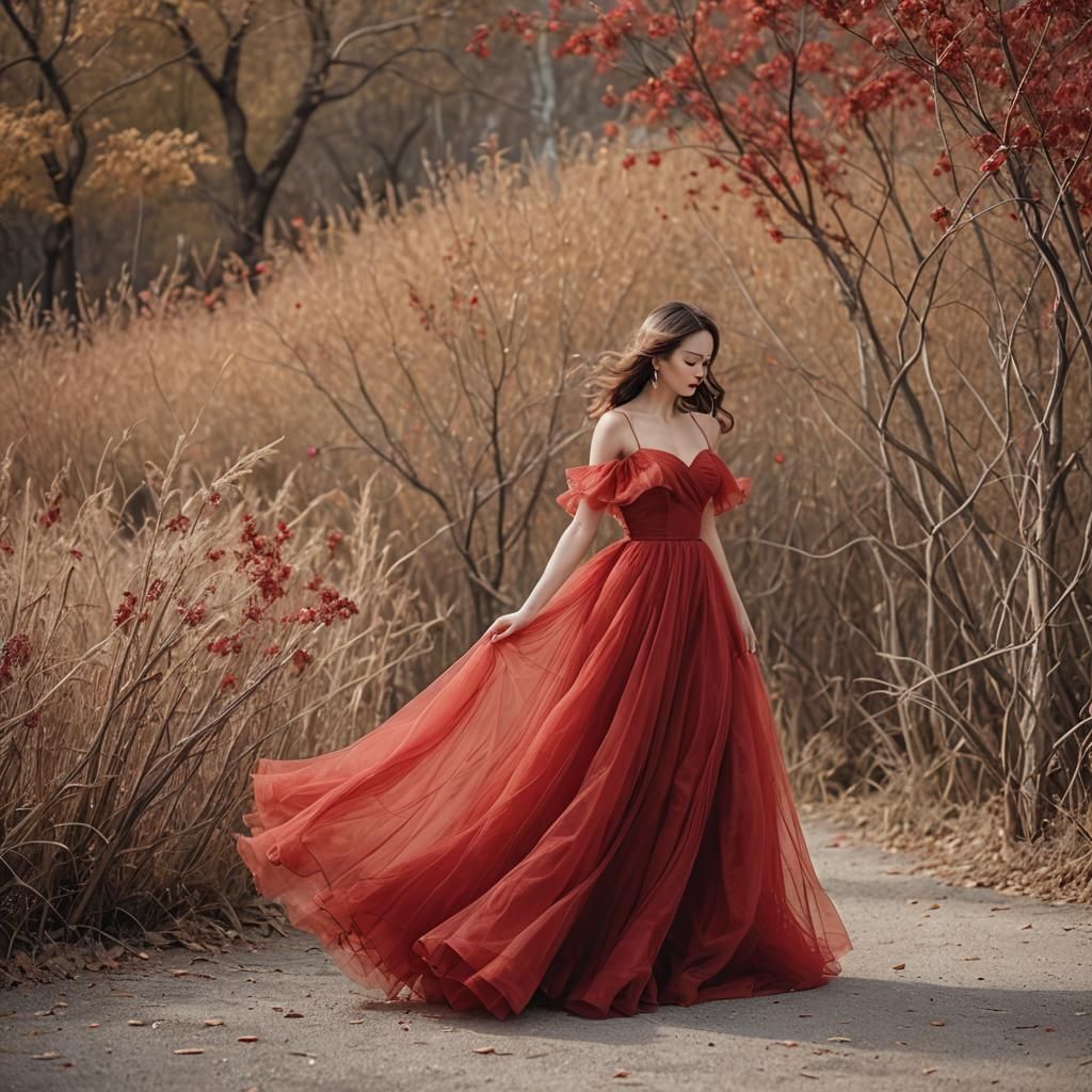 Elegant Lady in Flowing Red Tulle Dress