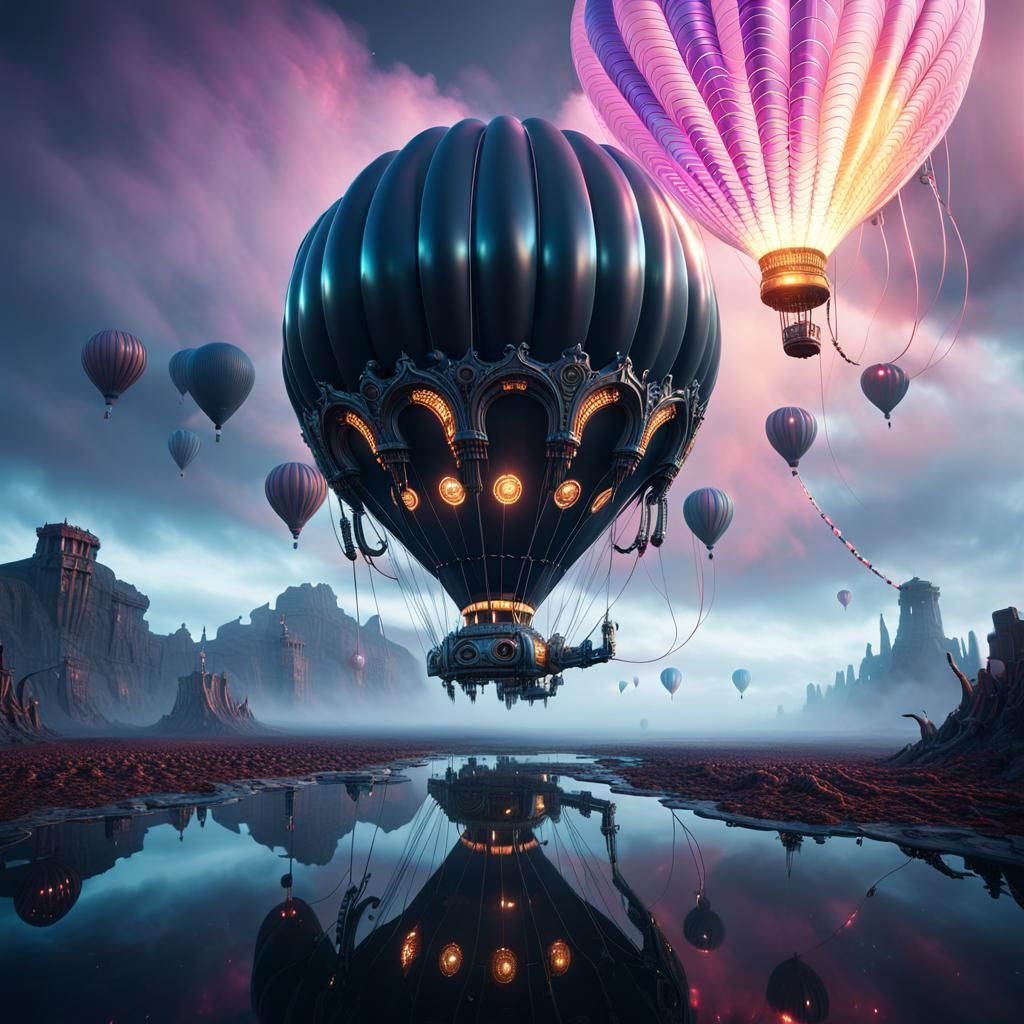Cyberpunk Balloon Soars in Sci-Fi Fantasy Art