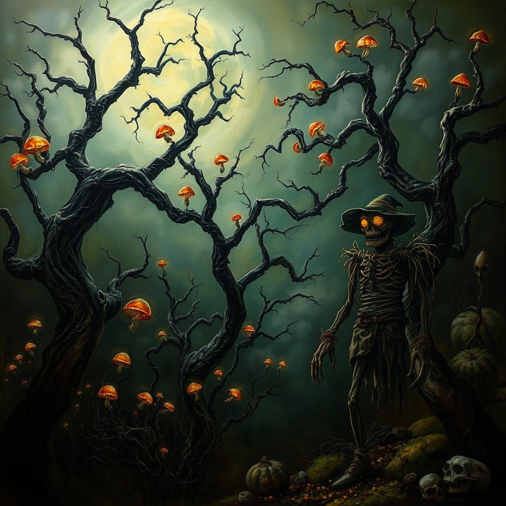Creepy Midnight Garden Oil Painting with Glowing Fungi