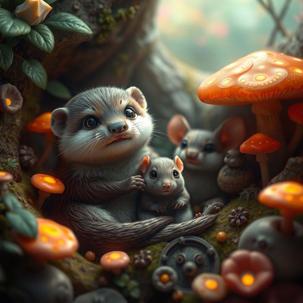 Whimsical Fantasy Otter and Rat Friends in Dreamlike Landsca...