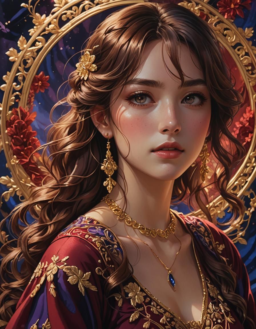 Hyperrealistic Anime Woman in Red Dress and Gold Jewelry
