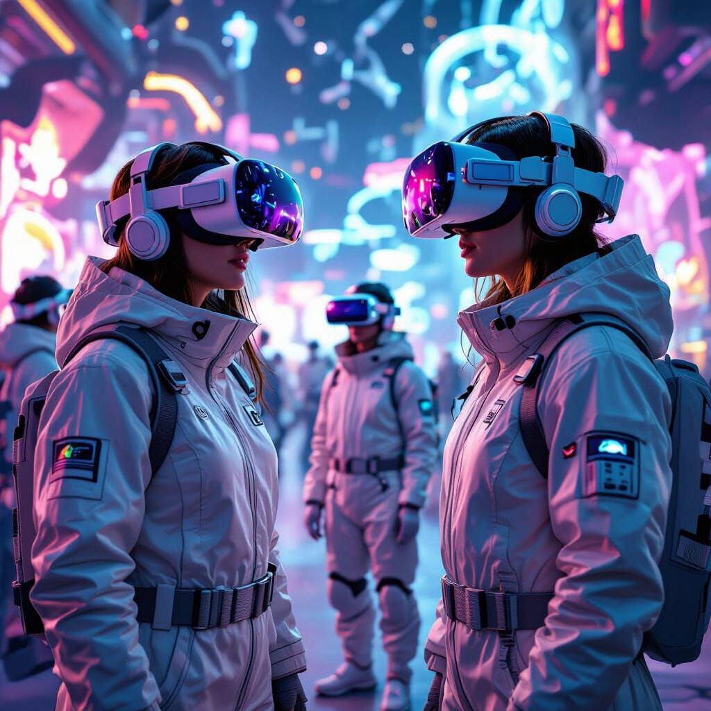 VR Gamers Immersed in Futuristic Dystopian World