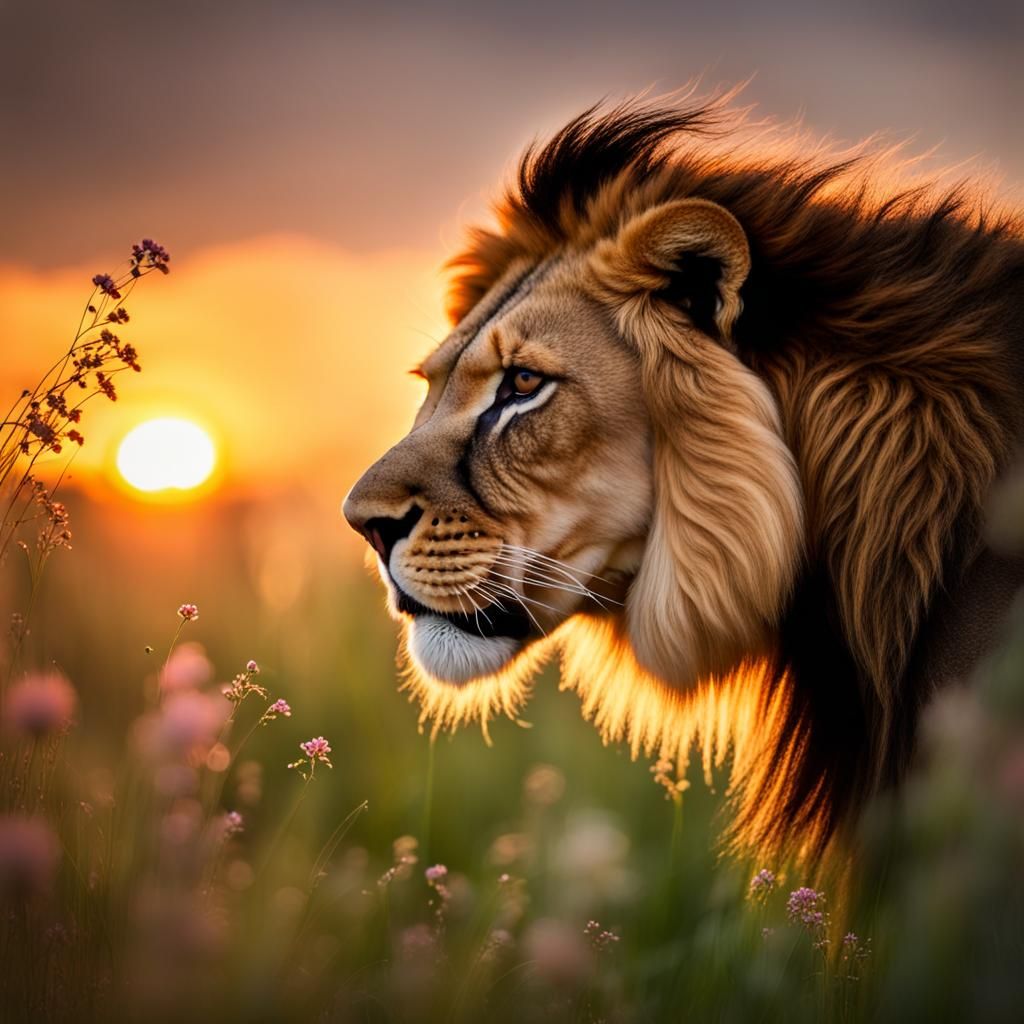 "Lion , sun setting over the hills"