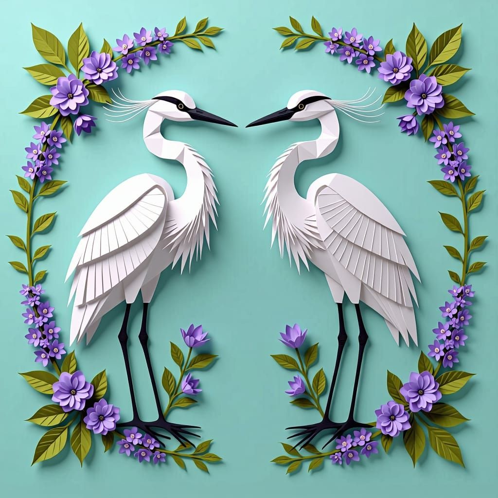 Elegant White Herons Amidst Lilac Flowers in 3D Kirigami Art