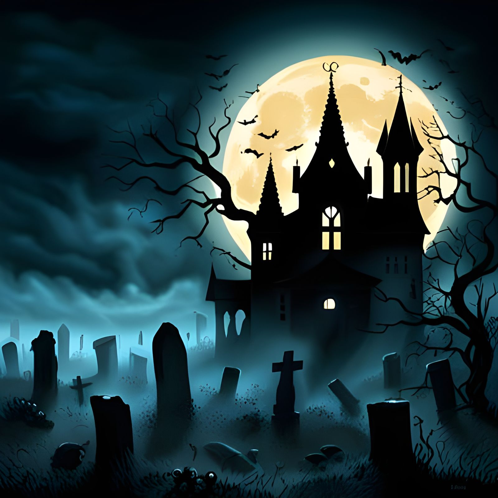 Eerie Haunted Graveyard with Luminous Moon and Ghosts