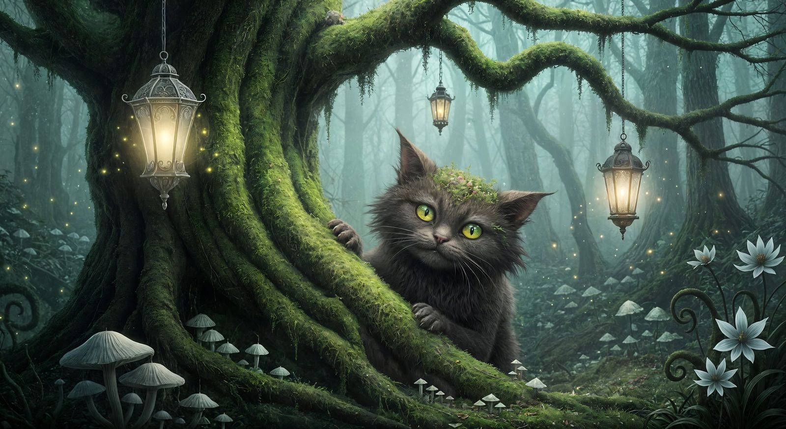 Mossy Forest Cat in Dark Fantasy Style