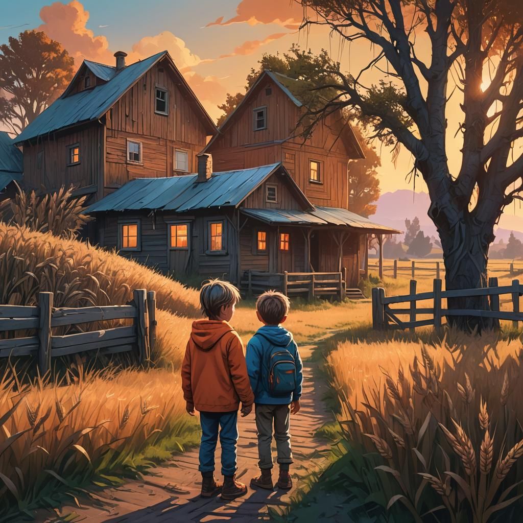 Child and Monster Friendship in Farm Landscape