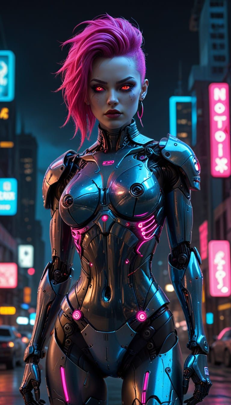 Gothic Pinup Gynoid in Neon Cyberpunk Cityscape