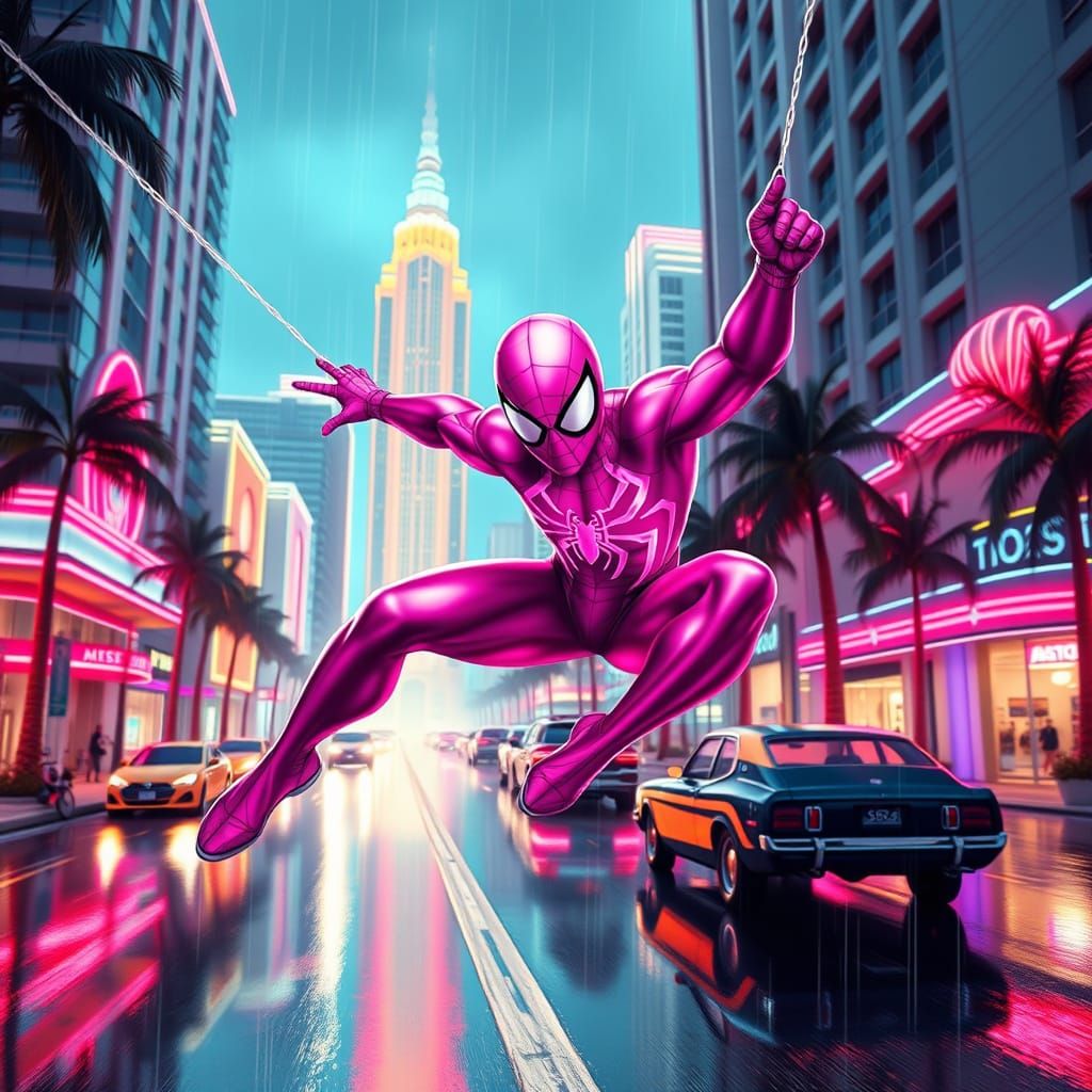 Miami Spider-Man Swings Through a Neon Rainy Night