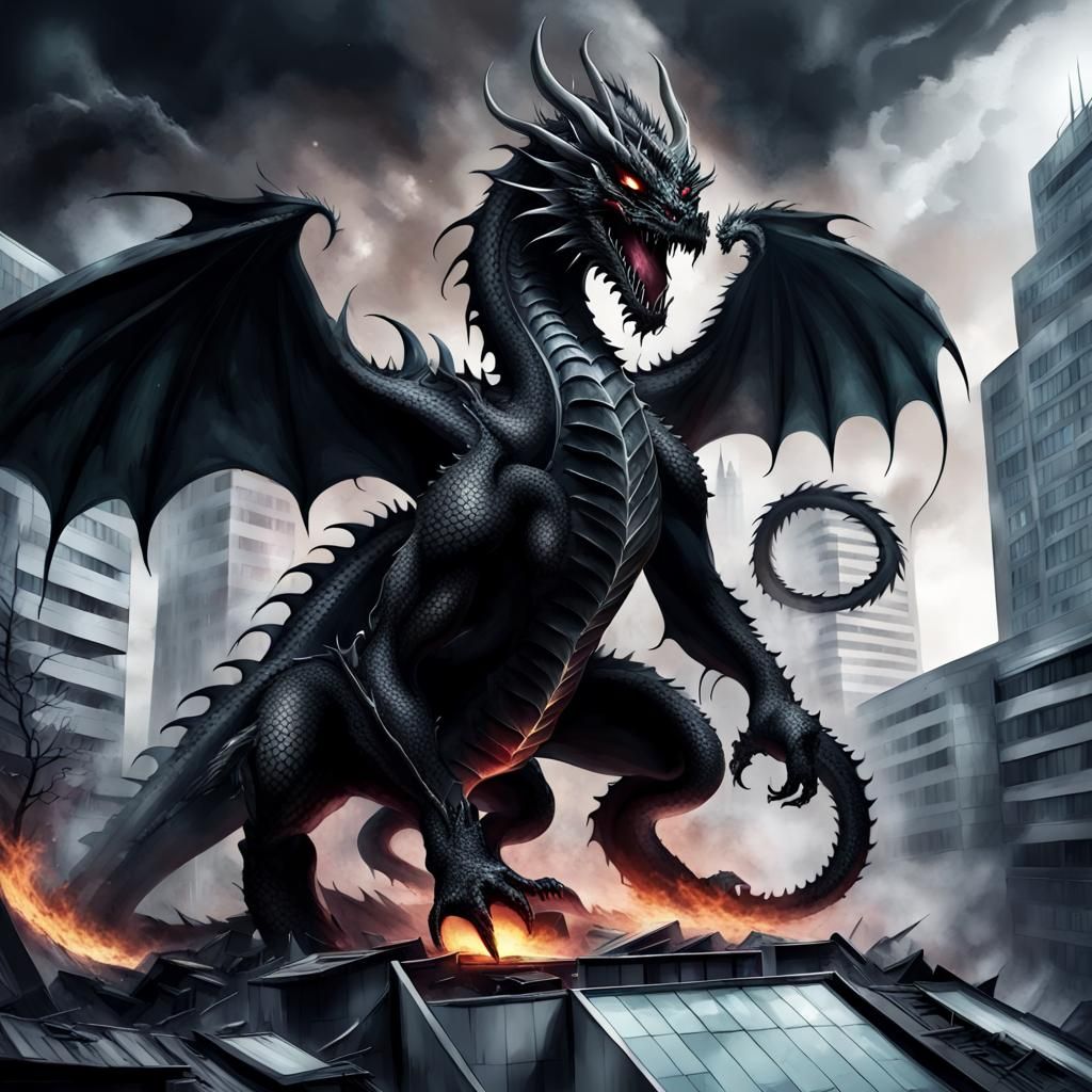 Fierce Black Dragon Destroys Hospital with Dark Aura