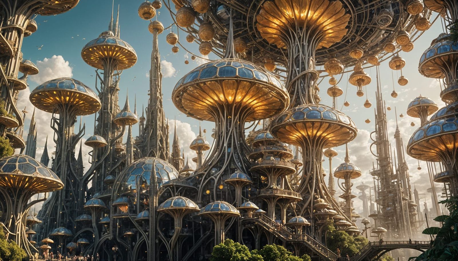 A futuristic solarpunk city built on colossal hexagonal-faceted mushrooms,
