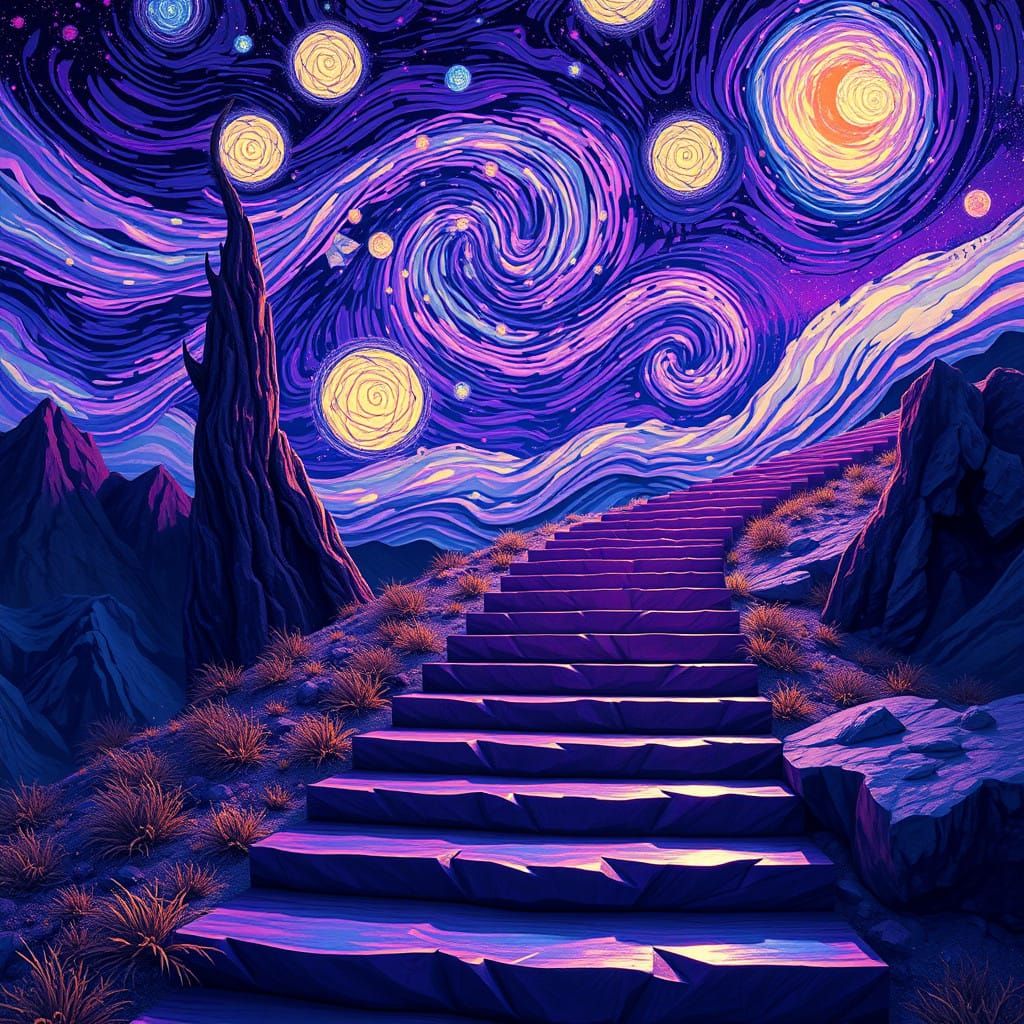 Regal Nighttime Steps in a Fantastical Landscape