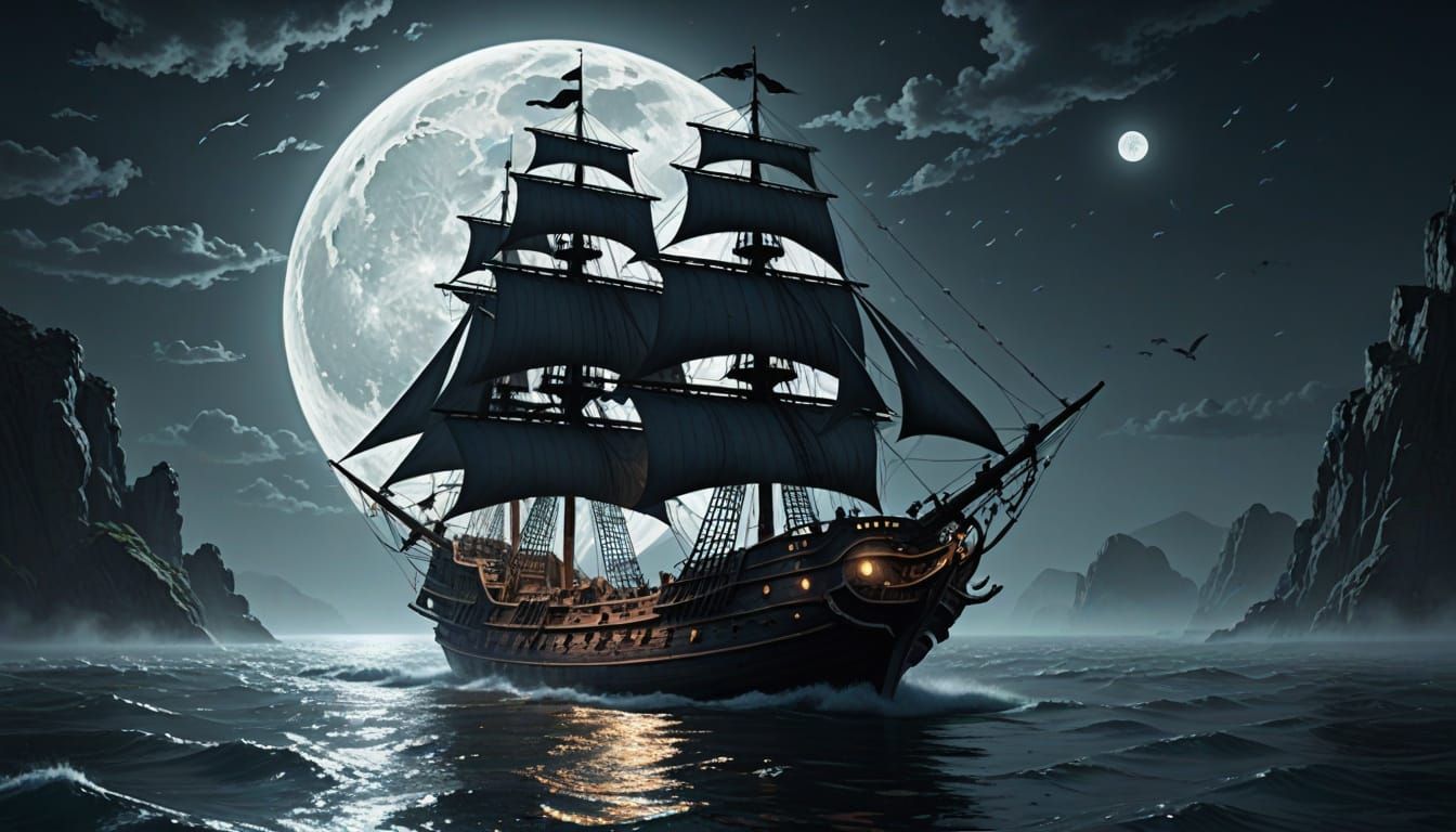 Mystical Pirate Ship Sails Under Full Moonlight