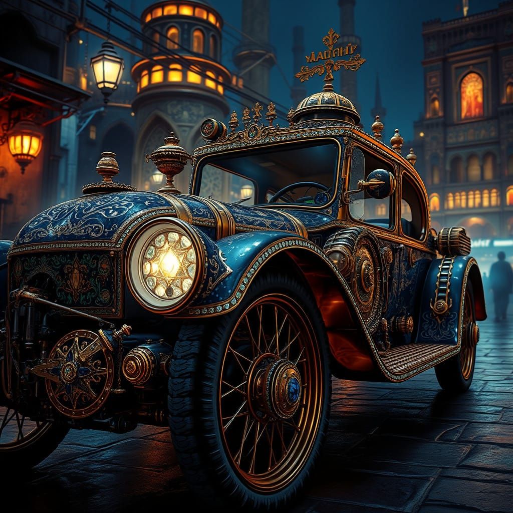 Steampunk Arab Automobile in Nighttime Damascus