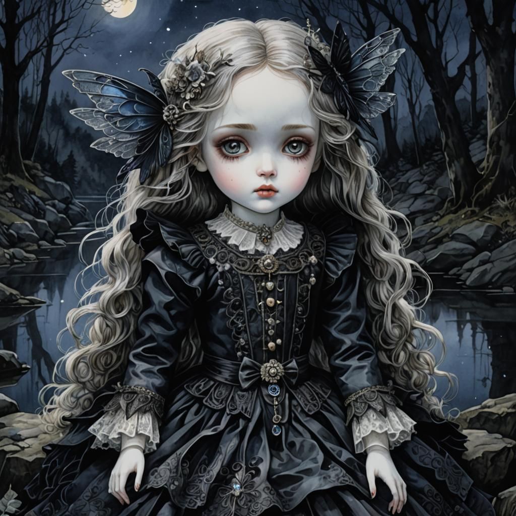 Gothic Watercolor Art of a Magical Porcelain Doll in Moonlit...