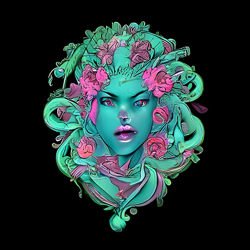Medusa Close-Up with Snakes and Flowers