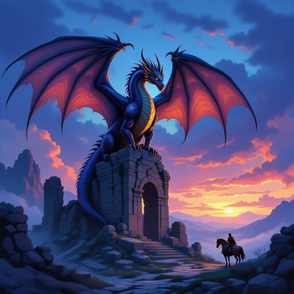 Majestic Dragon on Ancient Ruins at Twilight