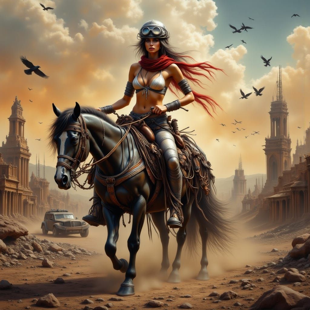 Apocalyptic Rider: Woman on Stallion in Ruins