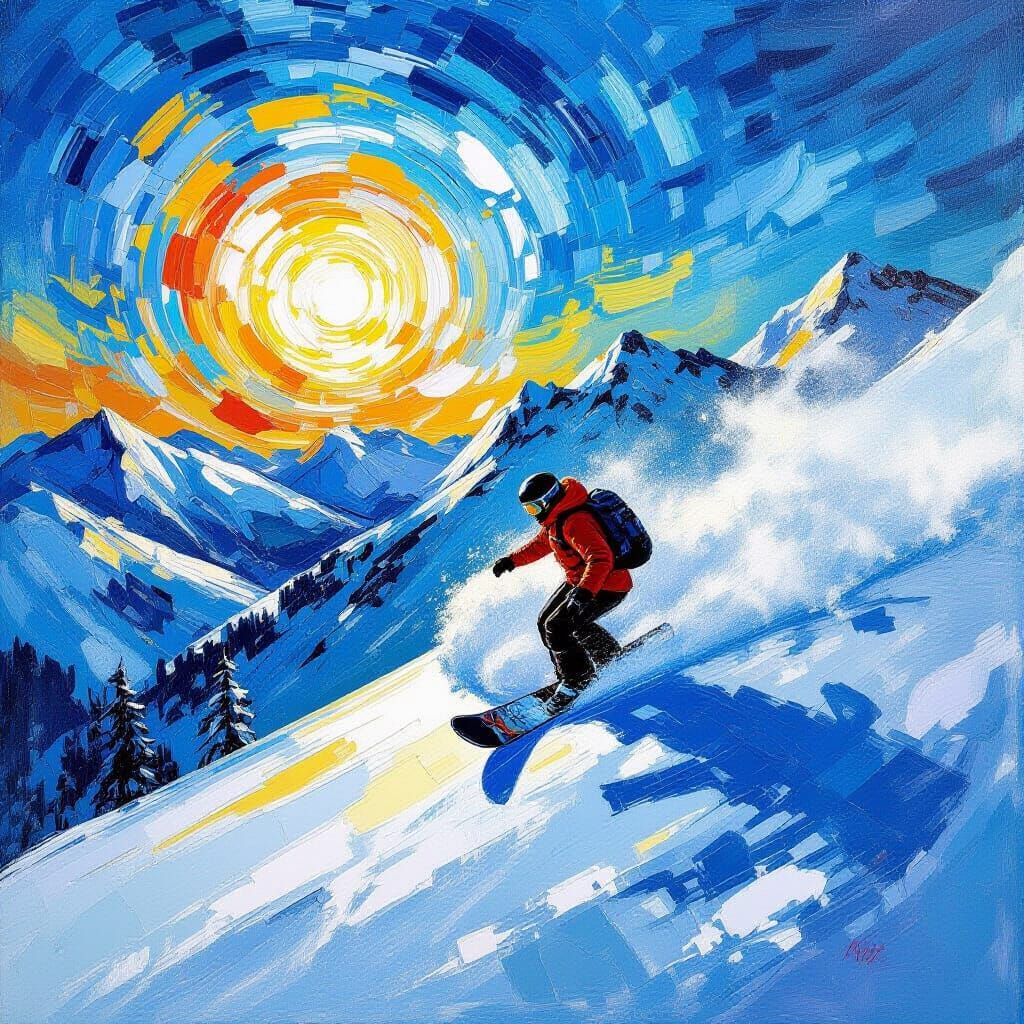 Van Gogh Style Snowboarder on Powder Day Mountain