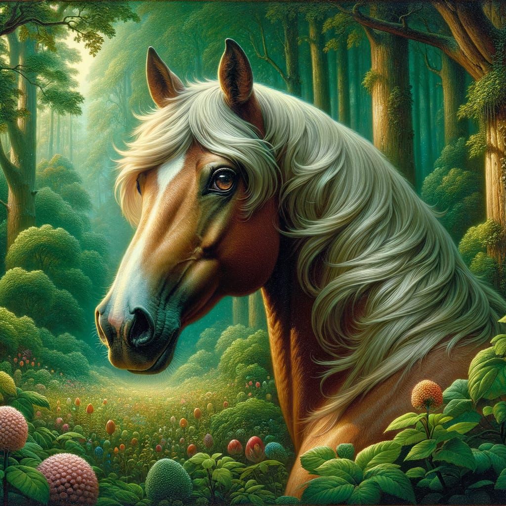 Enchanting 19th Century Oil Painting Style Horse in Lush For...