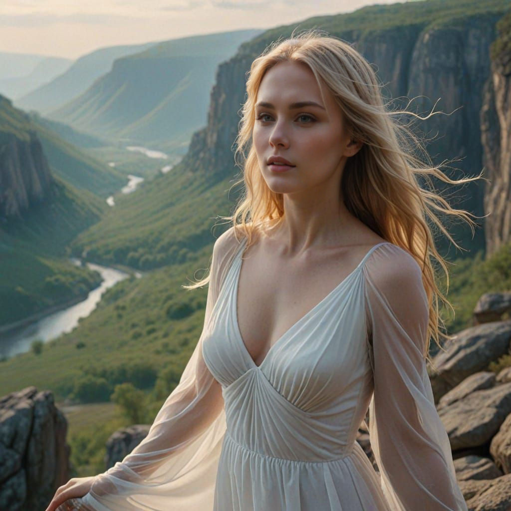 Ethereal Woman in White Dress at Sunset
