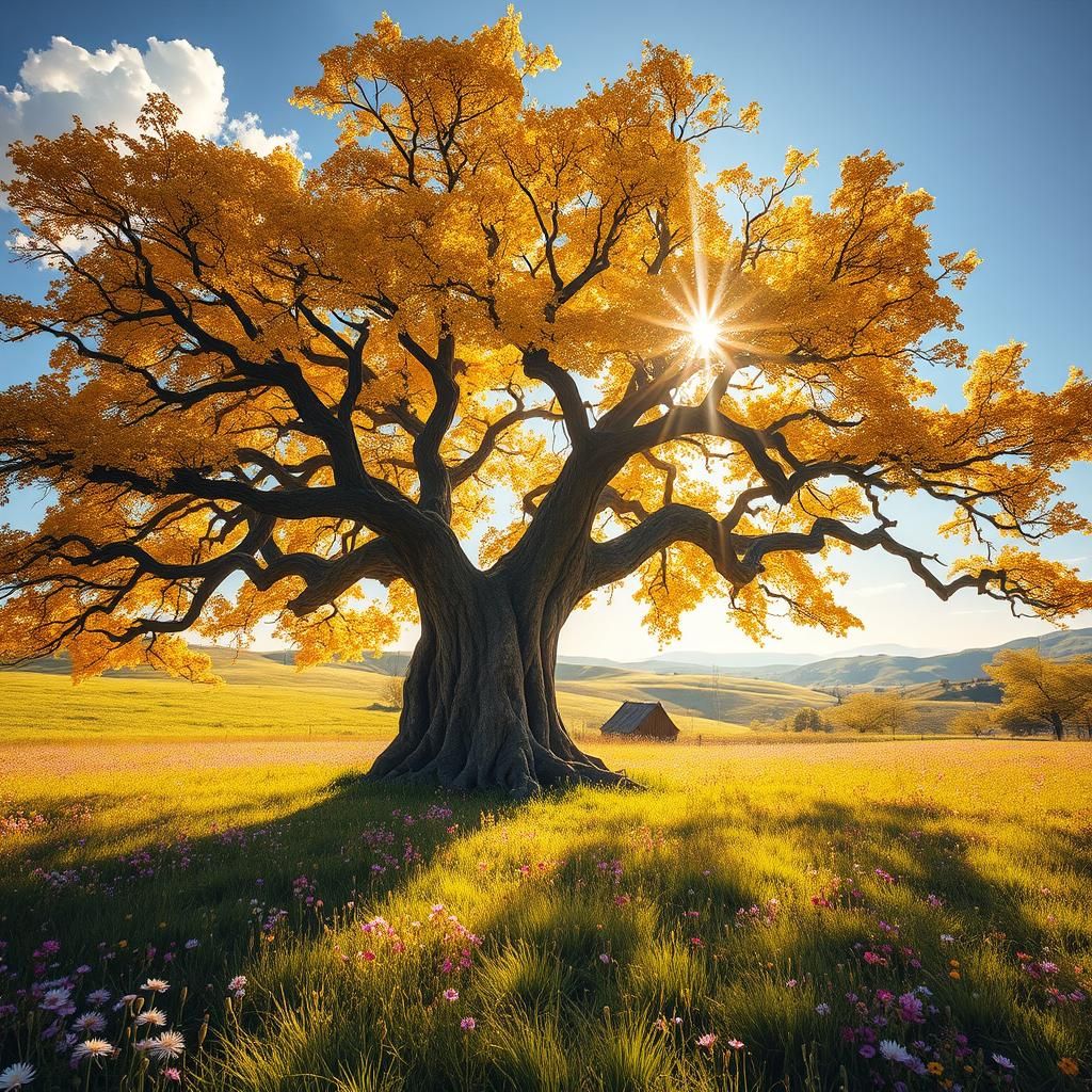 Golden Tree in Meadow: Impressionist Landscape