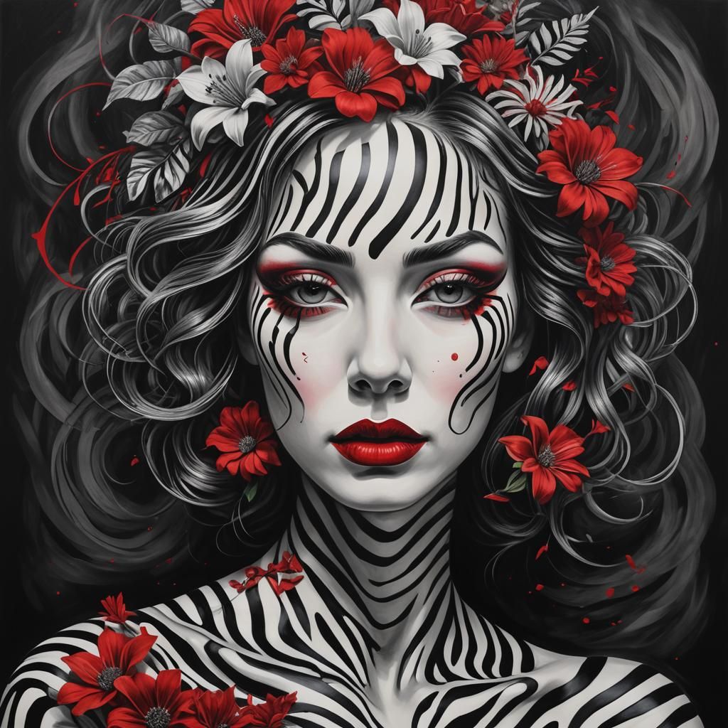 Surreal Zebra Portrait of a Woman with Red Accents