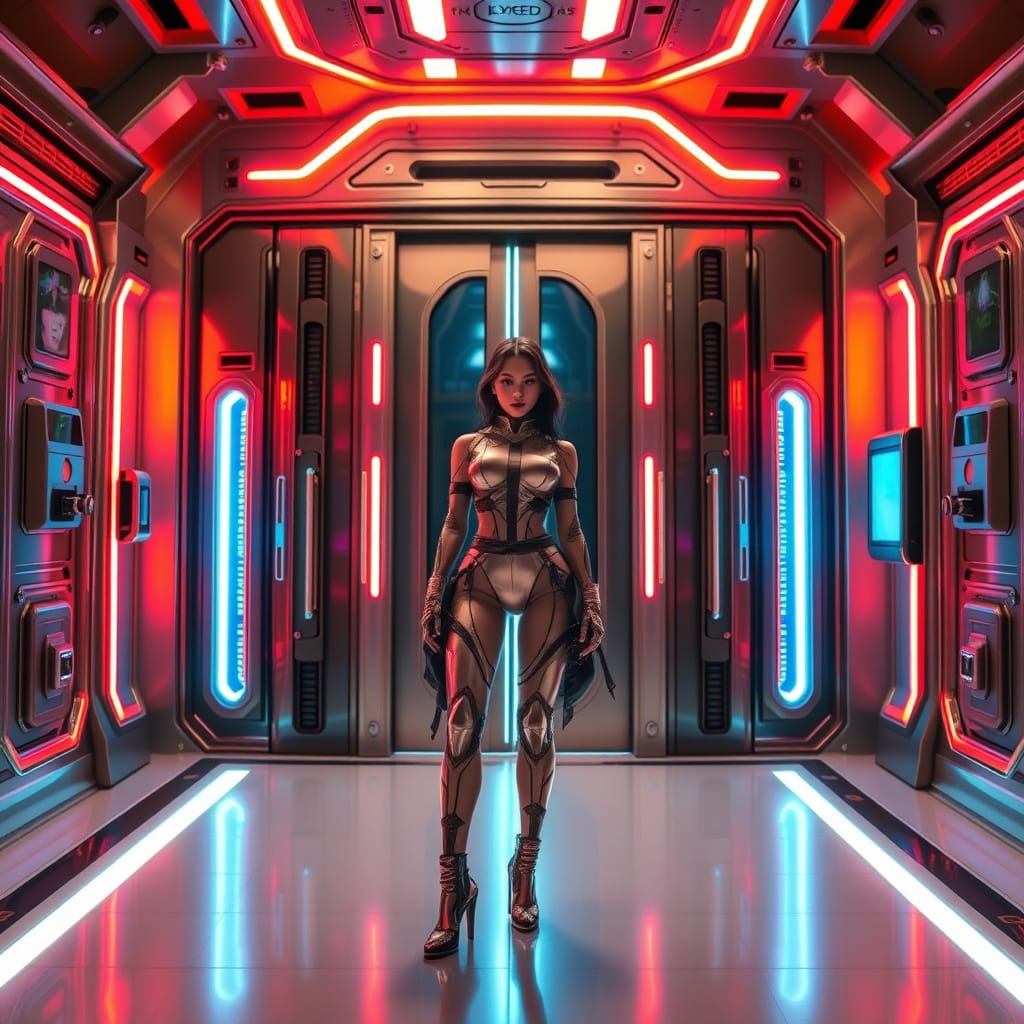 Futuristic Woman at Cyber Doors in Digital Art Style