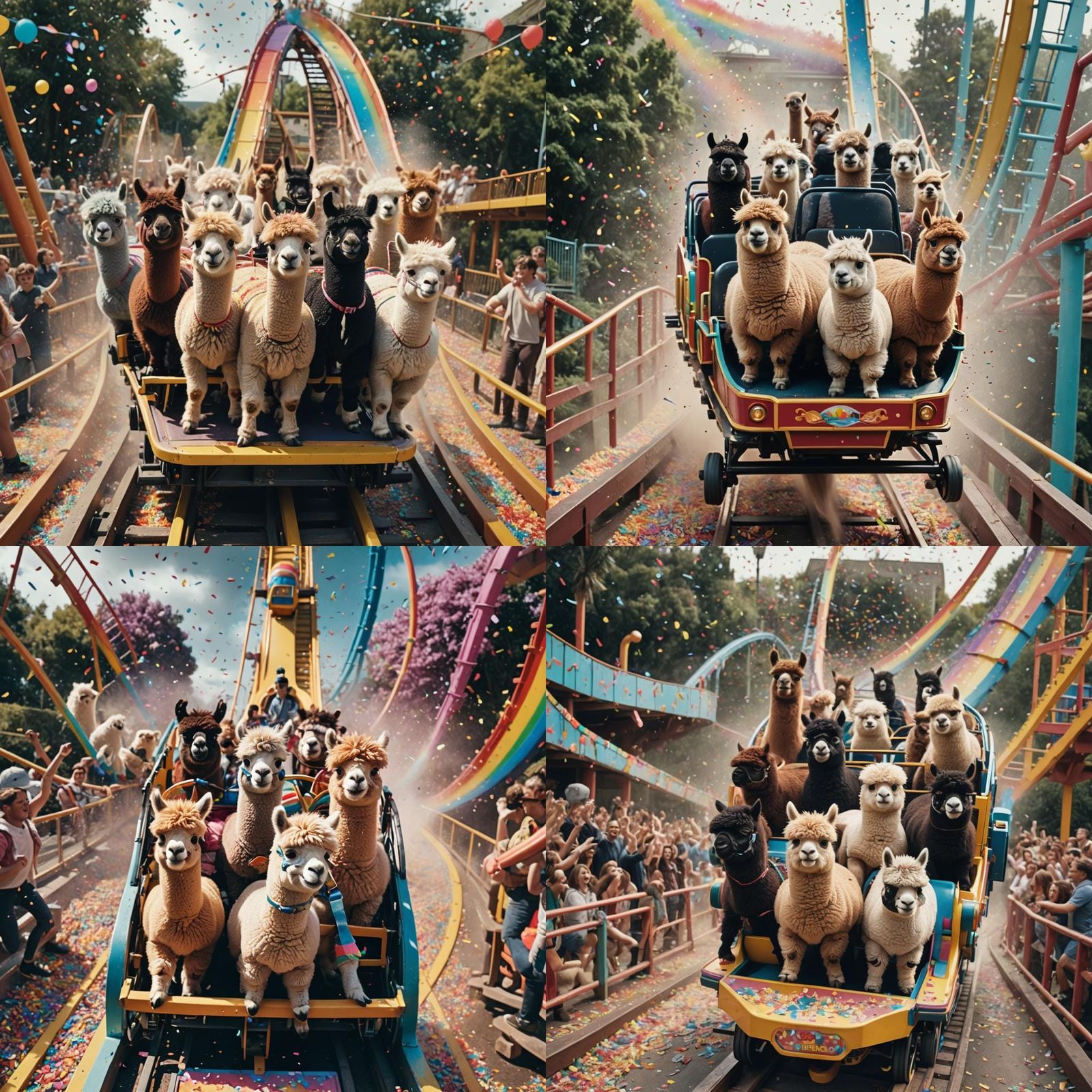 Mini Alpacas on Rollercoaster with Rainbows: Cinematic Still