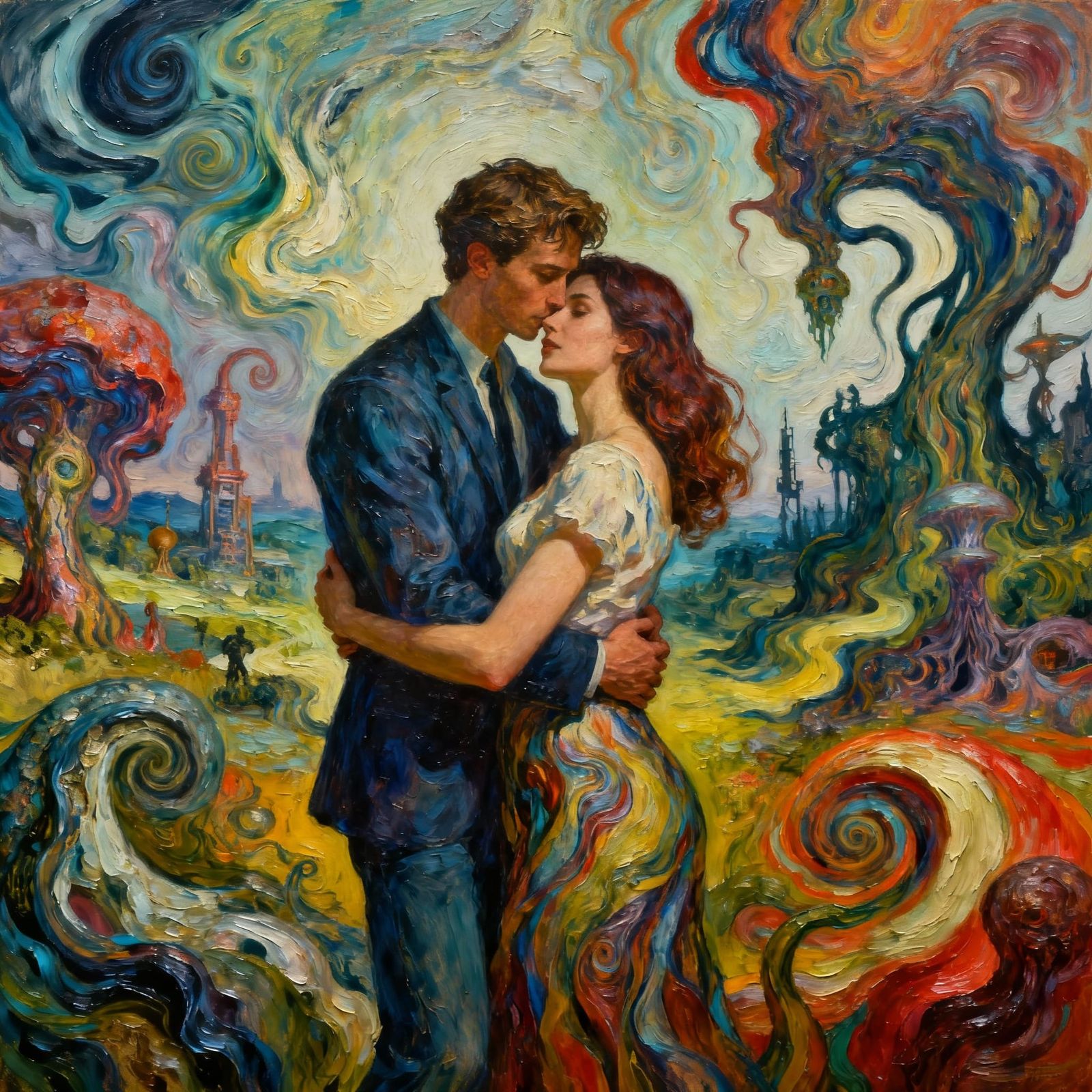 Surreal Embrace in Vibrant Oil Painting Style