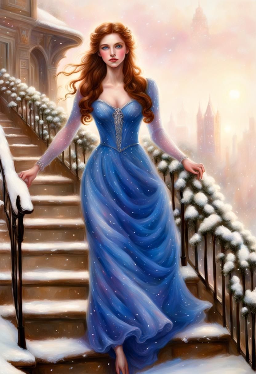 Ethereal Auburn Haired Girl in Winter Scene